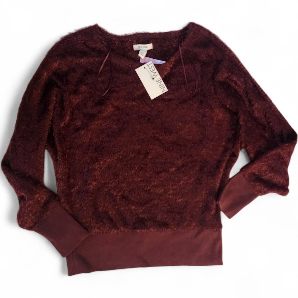 NWT Nine West Sweater Size XS Burgundy Maddie Plush Fringed Fuzzy Winter Soft